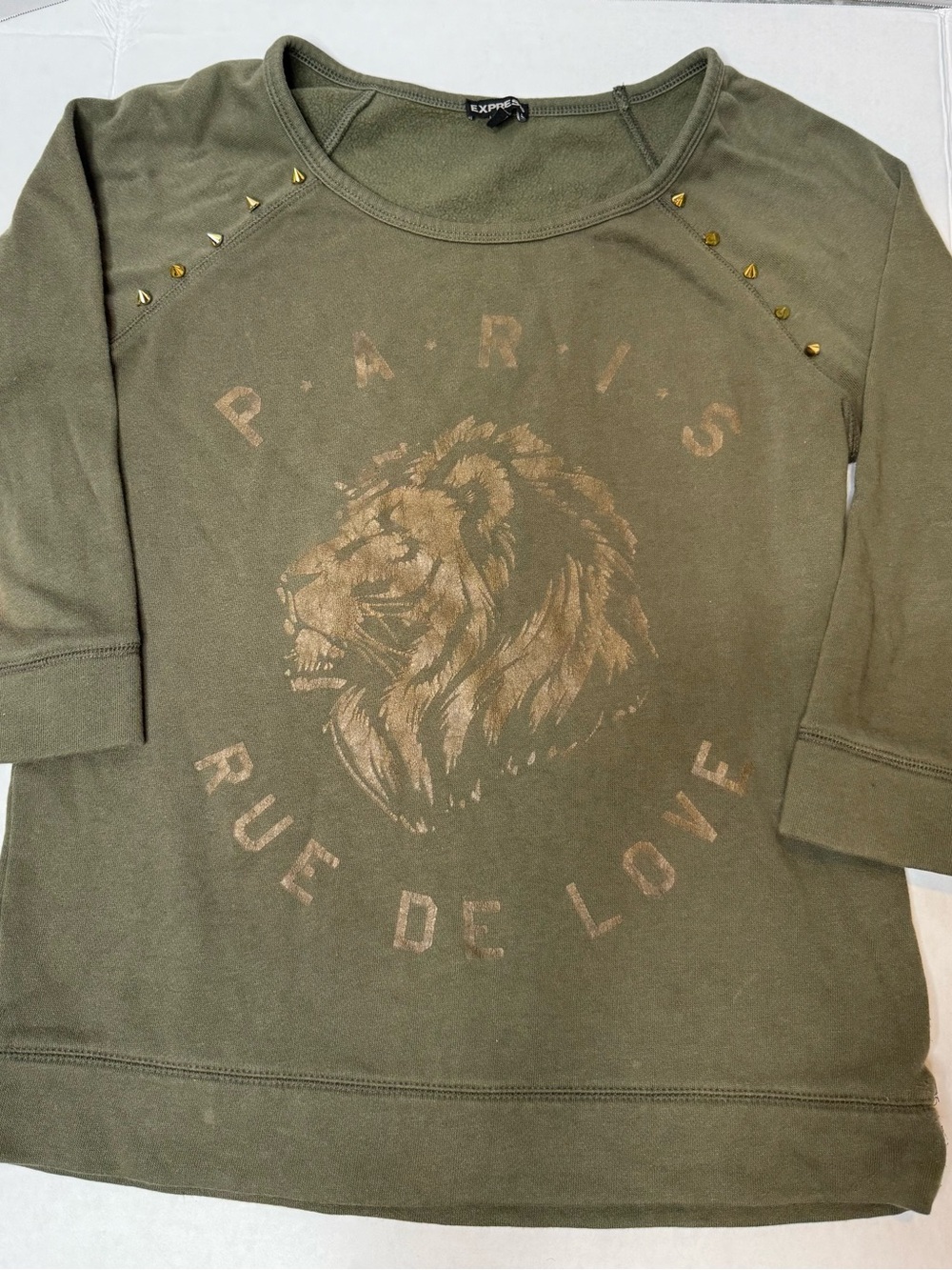 Express Olive Green Lion Graphic Long Sleeve Tee with Gold Studs